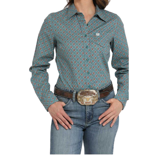 Cinch Women's Long Sleeve Print Shirt- Blue