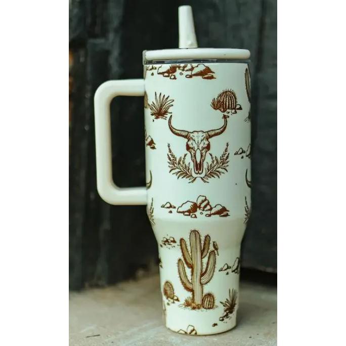 Tumblers with Handle  and Flip Straw- Desert Cowskull
