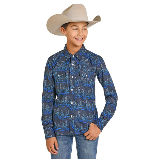 Rock & Roll Boy's Tek Novelty Western Print Snap Shirt- Navy