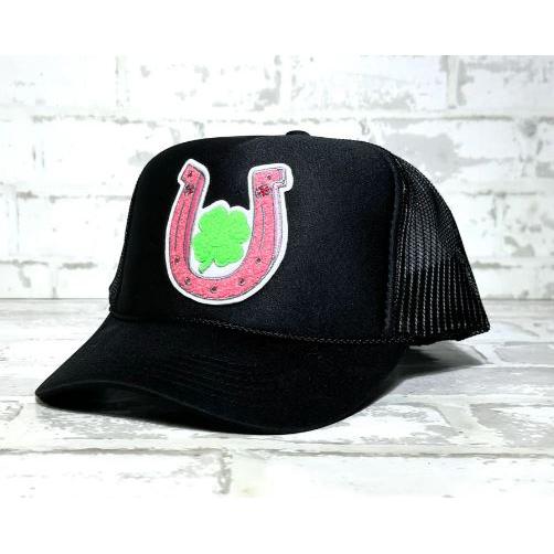 Lucky Horseshoe Pink Chenille Patch Foam  Trucker Hat- Black