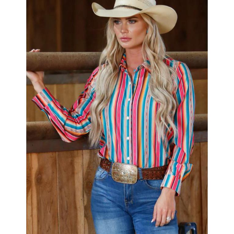 Sterling Kreek Women's  Feel The Sunset Long Sleeve Shirt - Pink & Turquoise