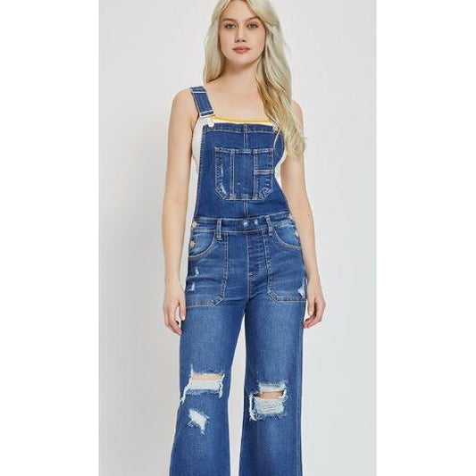 Risen Women's Front Patch Wide Leg Overalls- Dark Wash
