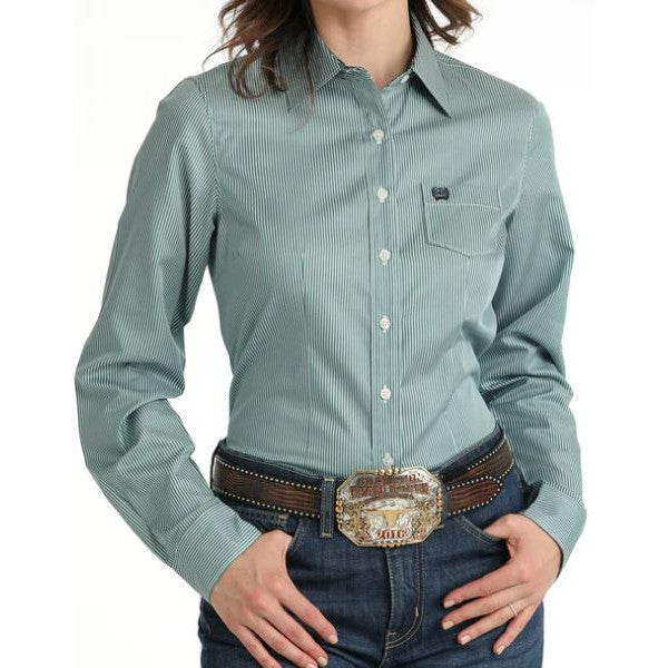 Cinch Women's  Long Sleeve Tencel Shirt- Teal Micro Stripe