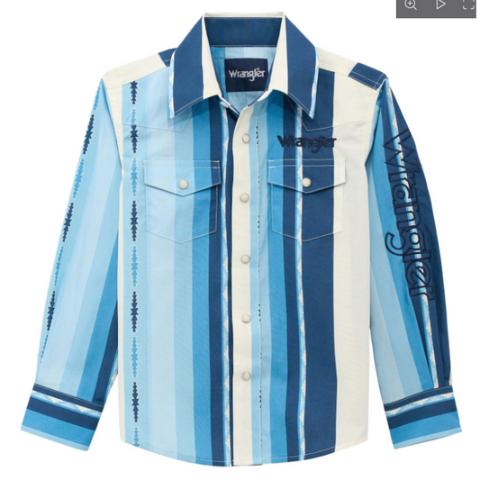 Wrangler Boy's Logo Long Sleeve Shirt- Blue