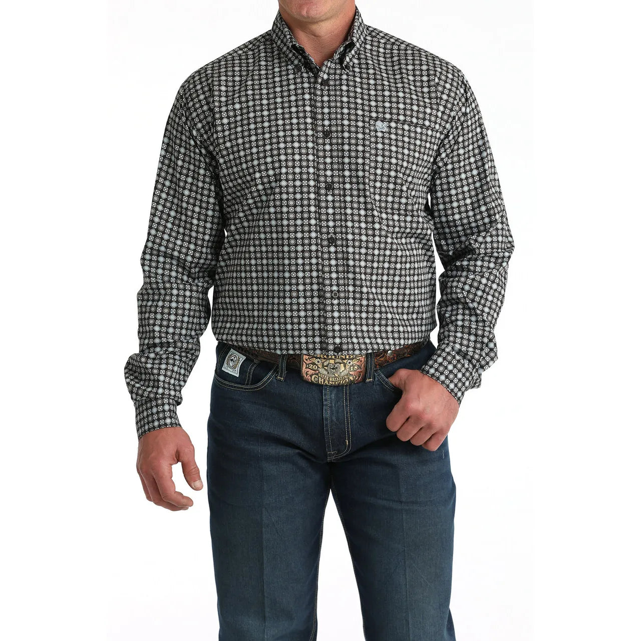 Cinch Mens Long Sleeve Western Geometric Print Shirt- Brown