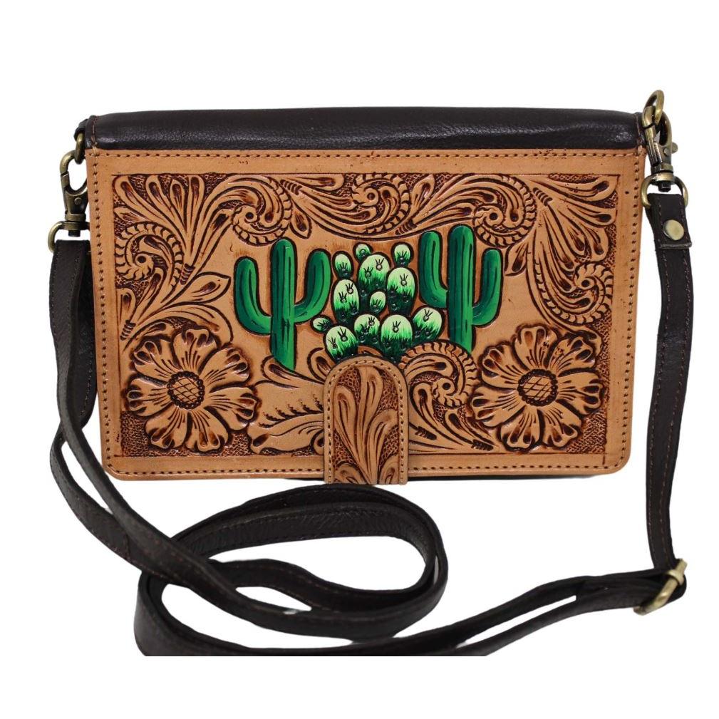 Western Women's Cactus Painted Tooled Leather Sling Crossbody Bag