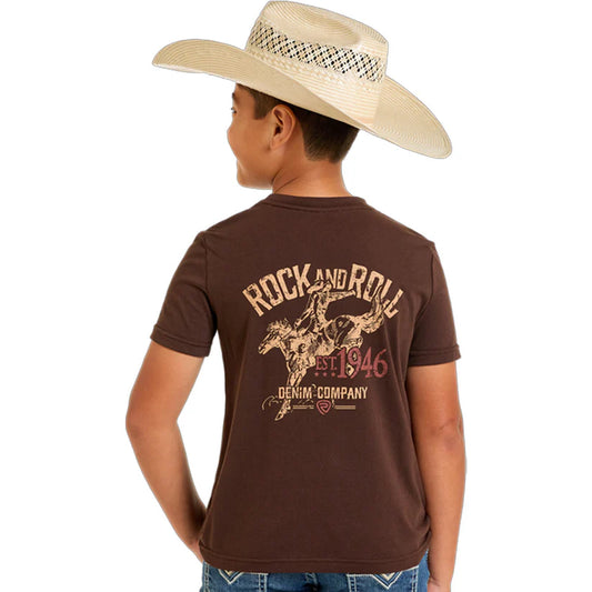 Rock & Roll Boy's Short Sleeve Graphic Tee Shirt- Brown
