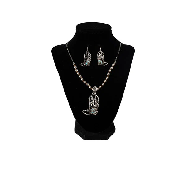Silver Strike Cowboy Boot Necklace and Earring Set- Turquoise