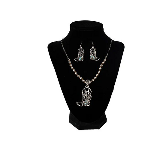Silver Strike Cowboy Boot Necklace and Earring Set- Turquoise