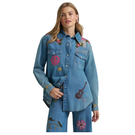 Wrangler Lainey Wilson Women's Long Sleeve Embroidered Snap Shirt- Denim