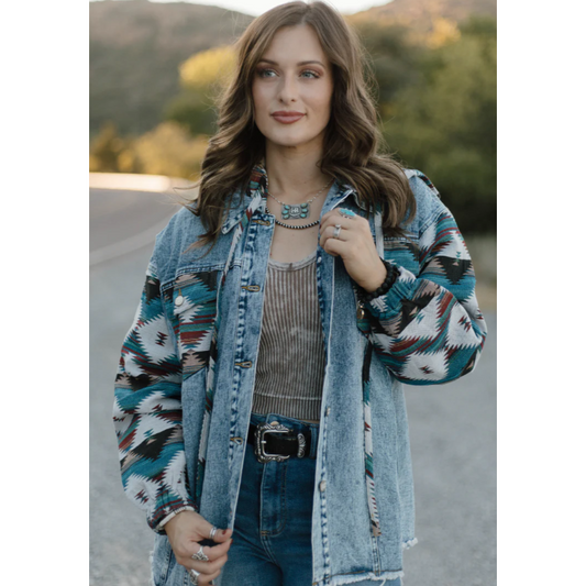 Sterling Kreek Women's Southern Roots Long Sleeve Denim Shacket- Blue Multi