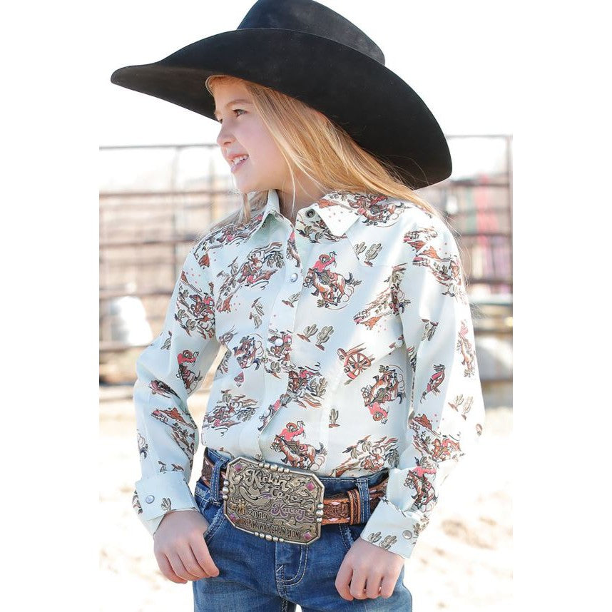 Cinch Girl's Long Sleeve Western Print Shirt - Light Blue