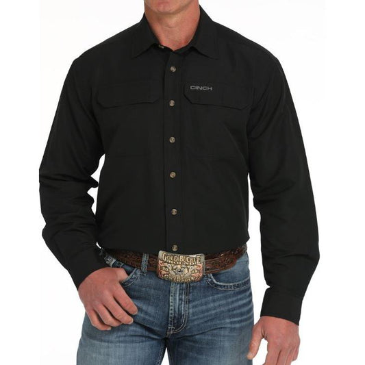 Cinch Men's Long Sleeve Arenaflex Solid  Button Down Western Shirt-Black
