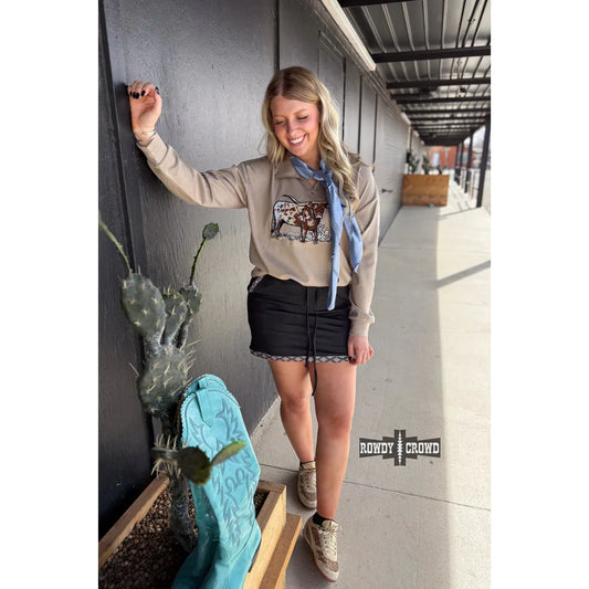 Rowdy Crowd Women's 1/4 zip Tan  Lomita Longhorn Pullover- Tan