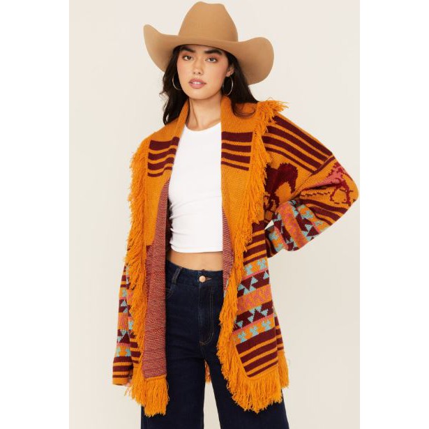 Panhandle Women's Long Sleeve Fringed Horse Print Cardigan- Mustard