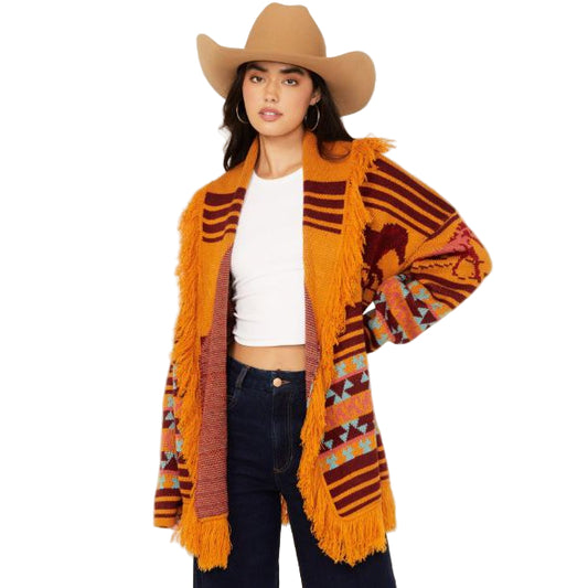 Panhandle Women's Long Sleeve Fringed Horse Print Cardigan- Mustard