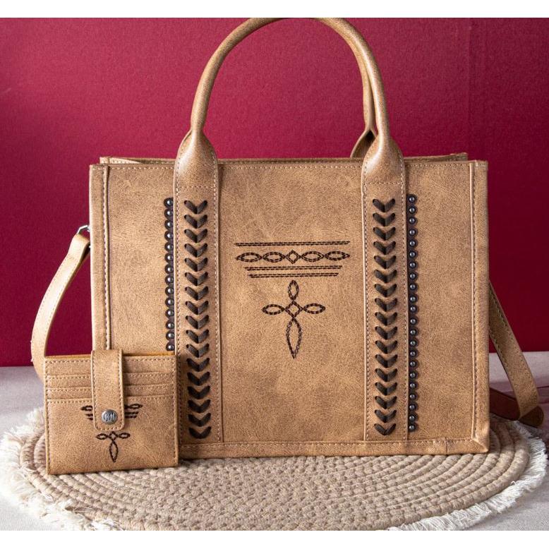 Wrangler Women's Whipstitch Concealed Carry Tote with Matching Bifold Wallet - Brown