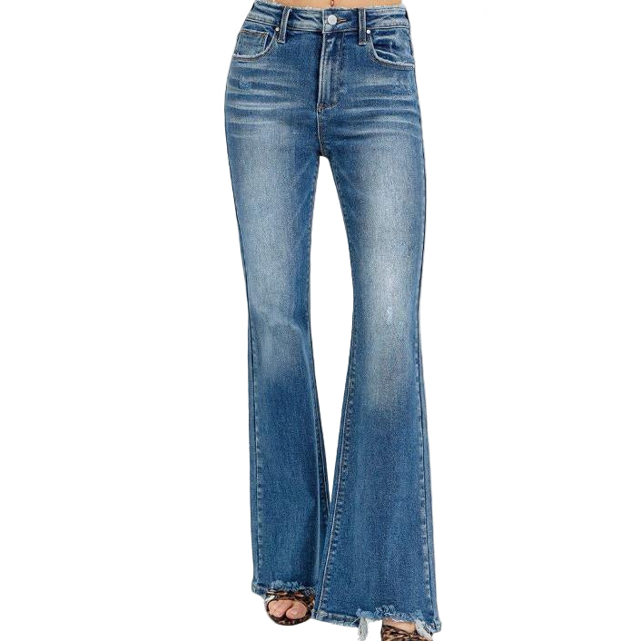 Risen Women's Tummy Control High Rise Flare Step Hem Jeans - Dark Wash