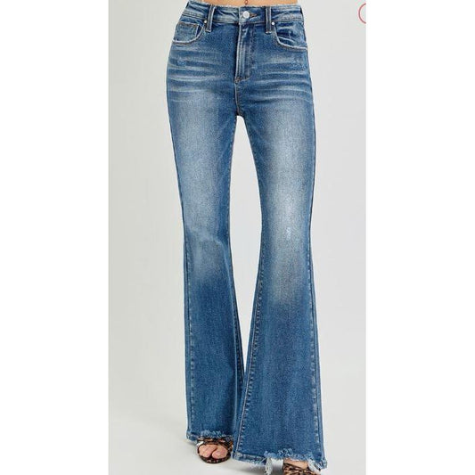 Risen Women's Tummy Control High Rise Flare Step Hem Jeans- Dark Wash
