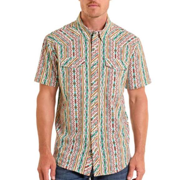 Panhandle Men's Short Sleeve Aztec Print Performance Shirt- Turquoise