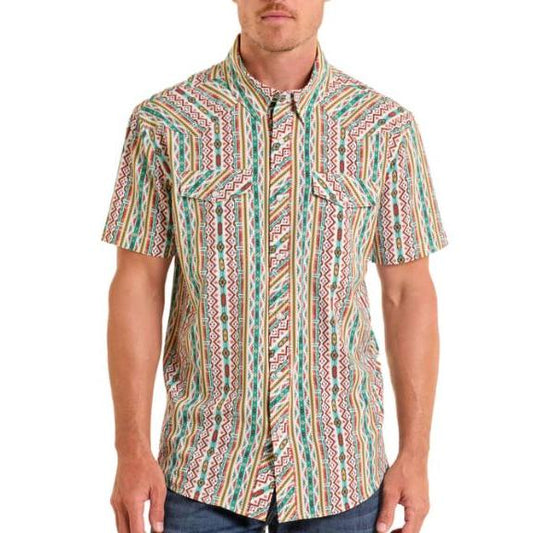 Panhandle Men's Short Sleeve Aztec Print Performance Shirt- Turquoise
