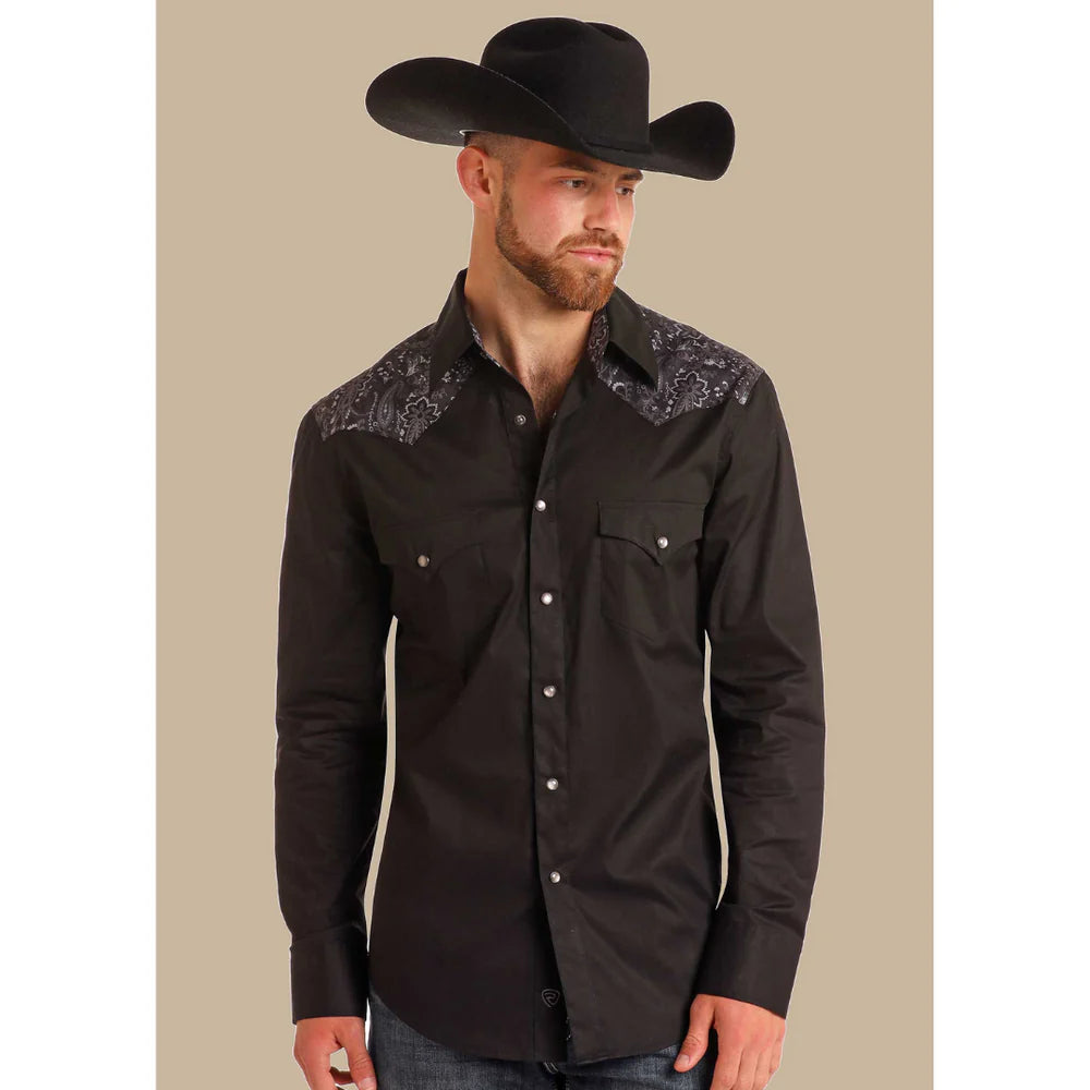 Rock & Roll Men's Paisley Printed Trimmed Long Sleeve Shirt- Black