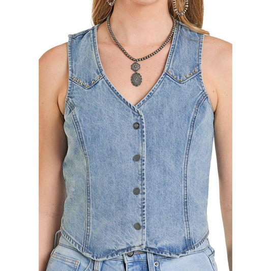 Rock & Roll Women's Denim Fringed Vest - Medium Wash