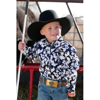 Cinch Boy's Long Sleeve Button Down Print Shirt- Navy