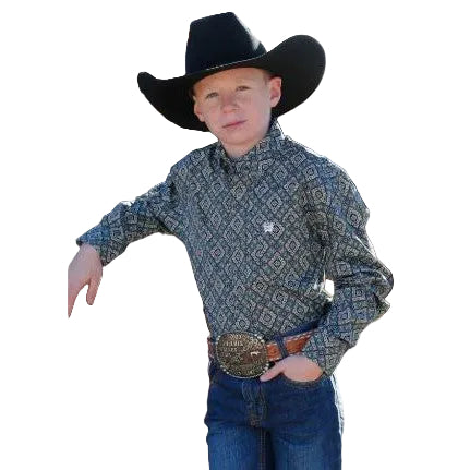 Cinch Boy Long Sleeve Button Down Print Shirt - Grey