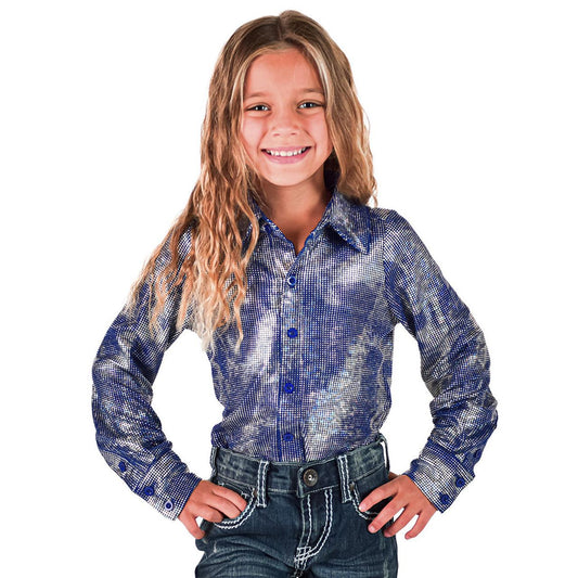 Cowgirl Tuff Girl's Long Sleeve Pullover Button Up Shirt- Royal Blue