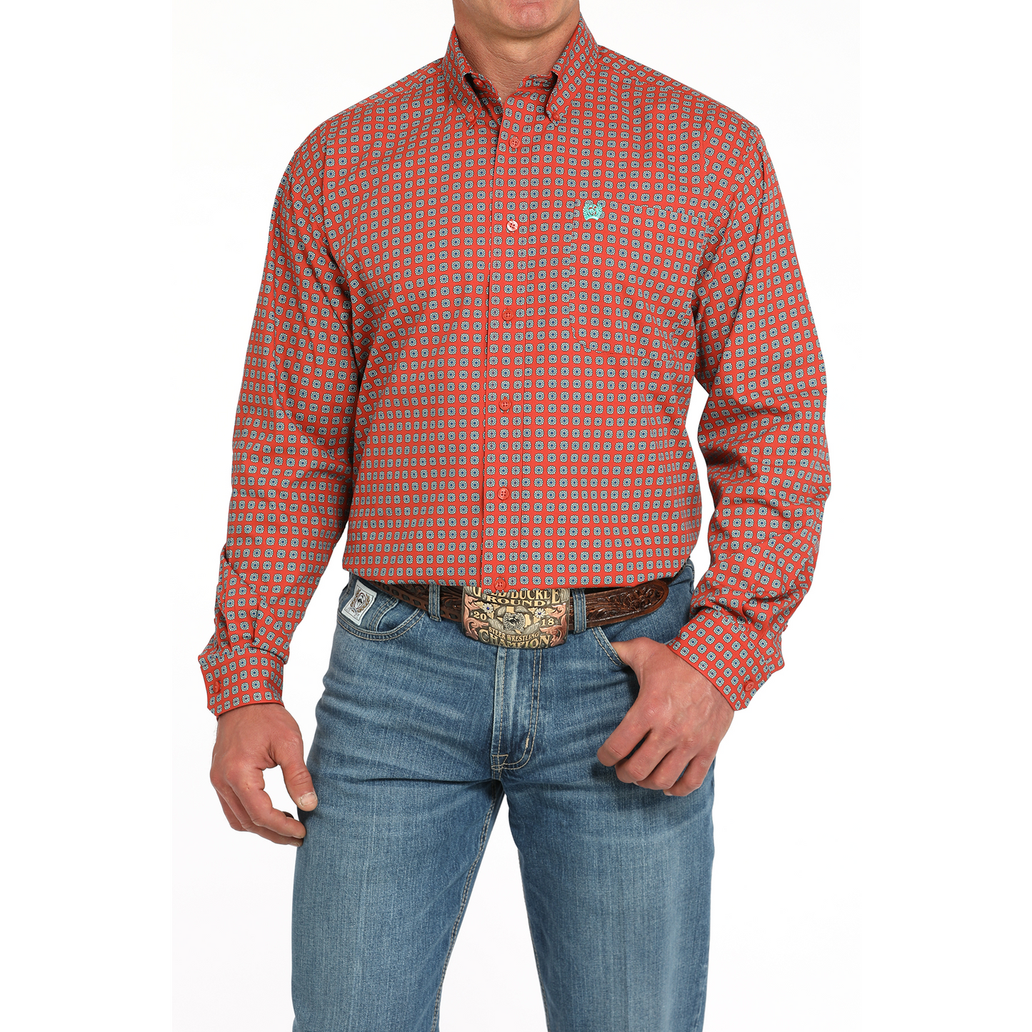 Cinch Men's Long Sleeve Print Shirt-Red