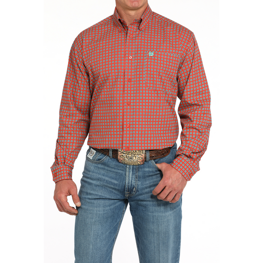 Cinch Men's Long Sleeve Print Shirt-Red