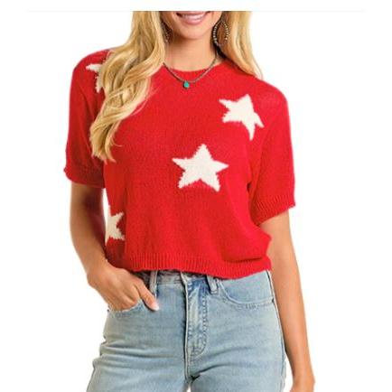 Rock & Roll Women's Cropped Star Sweater Tee- Red
