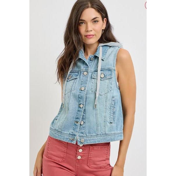 Risen Women's Denim Vest with Detachable Hoodie-