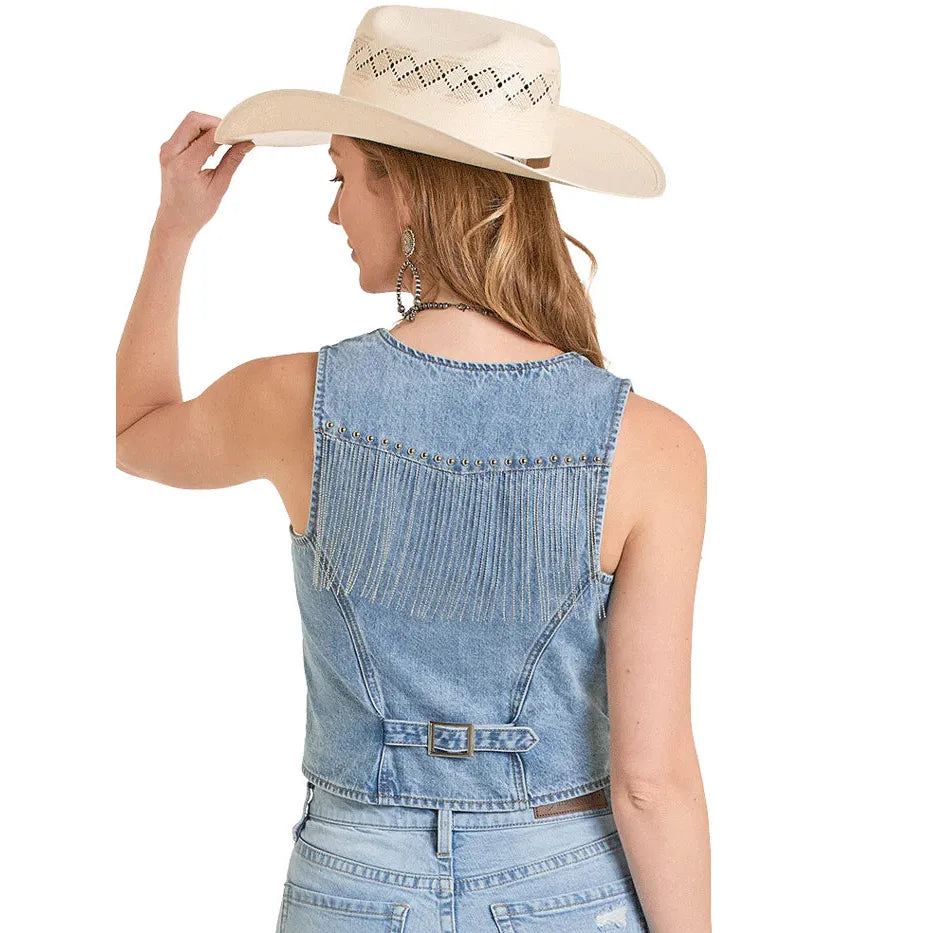 Rock & Roll Women's Denim Fringed Vest - Medium Wash