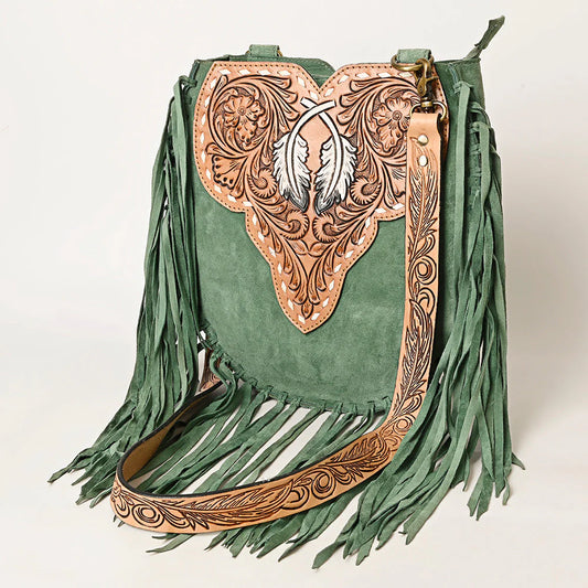 American Darling Feather Tooled Leather Messenger Fringe Bag