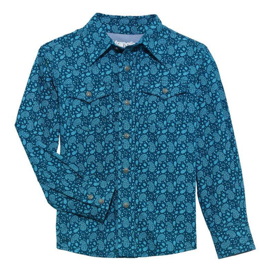 Wrangler Boy's 20X Advanced Comfort Long Sleeve Shirt- Navy/Turquoise