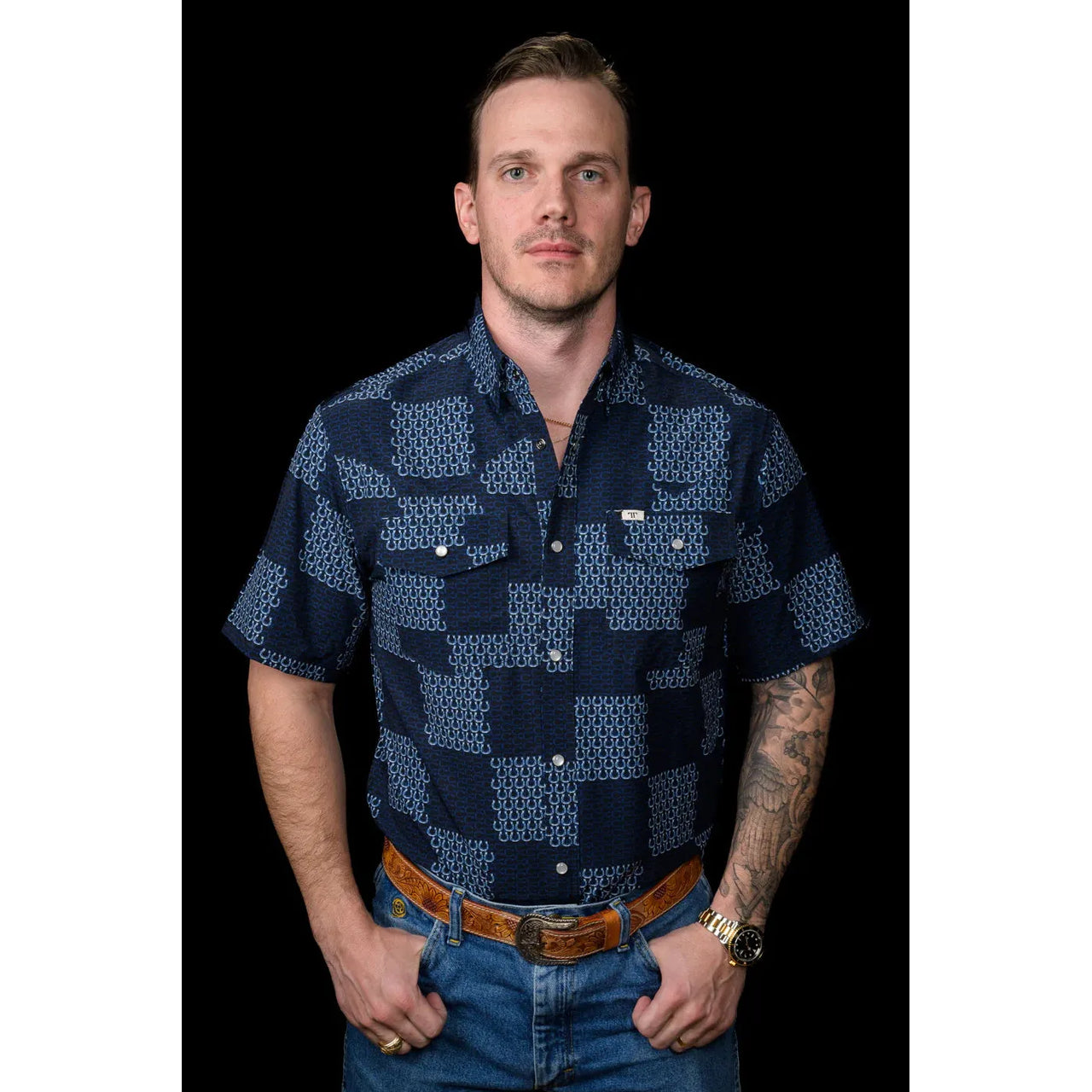Ferrell Brand Men's The Dallas Short Sleeve Snap Shirt- Blue