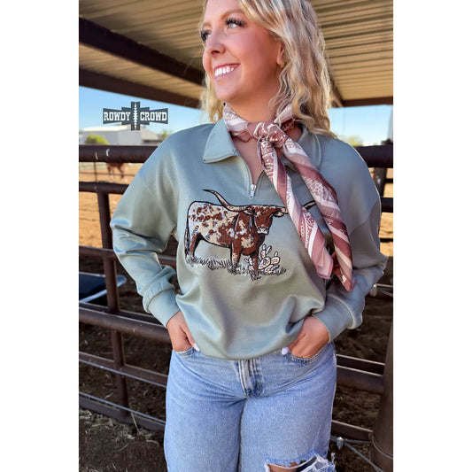 Rowdy Crowd Women's 1/4 zip  Blue Lomita Longhorn Pullover- Blue