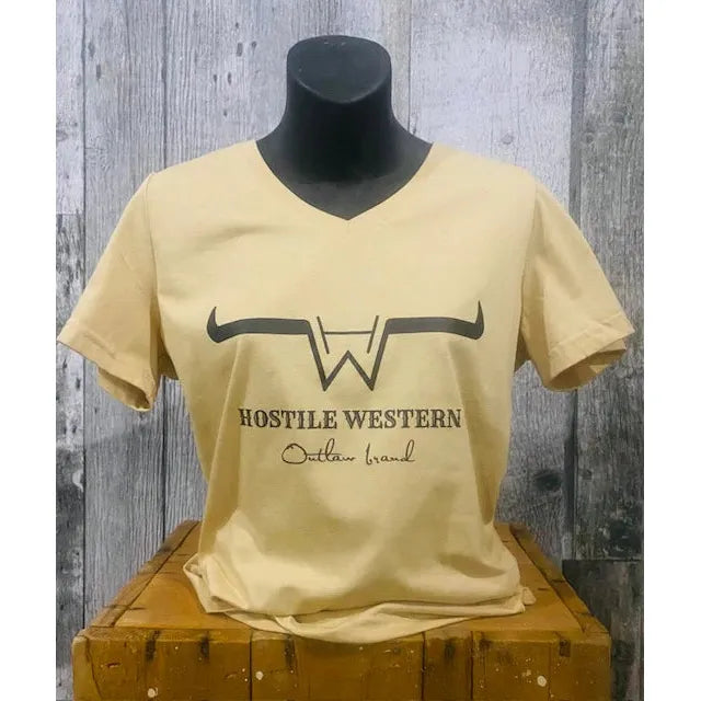 Hostile Western Women's Short Sleeve V Neck Tee Shirt- Sandstone