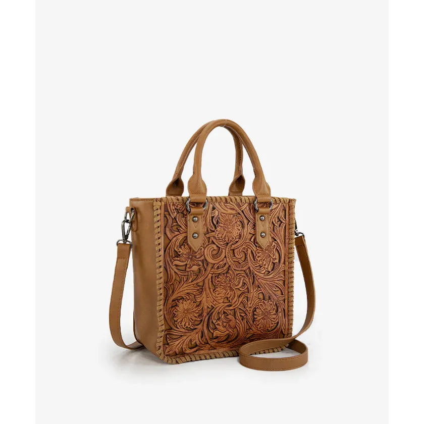 Wrangler Trinity Ranch Western Floral Tooled Tote Bag- Brown