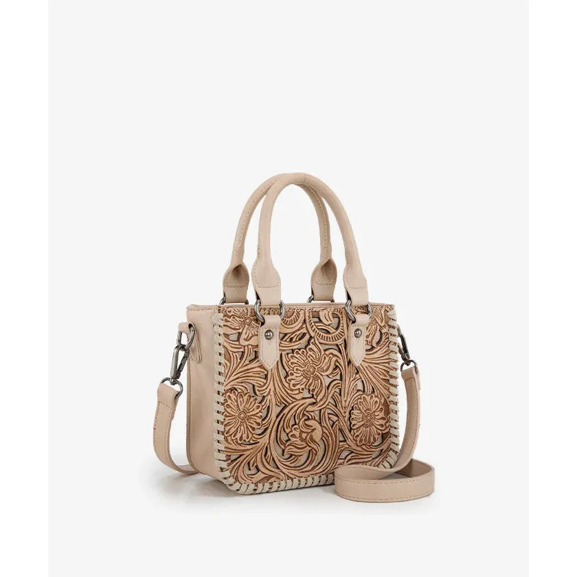 Wrangler Trinity Ranch Western Floral Tooled Mini Tote Bag-Tan