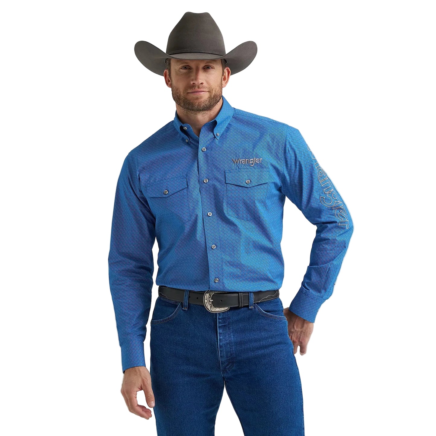 Wrangler Men's Long Sleeve Logo Western Shirt- Cerulean Hatch