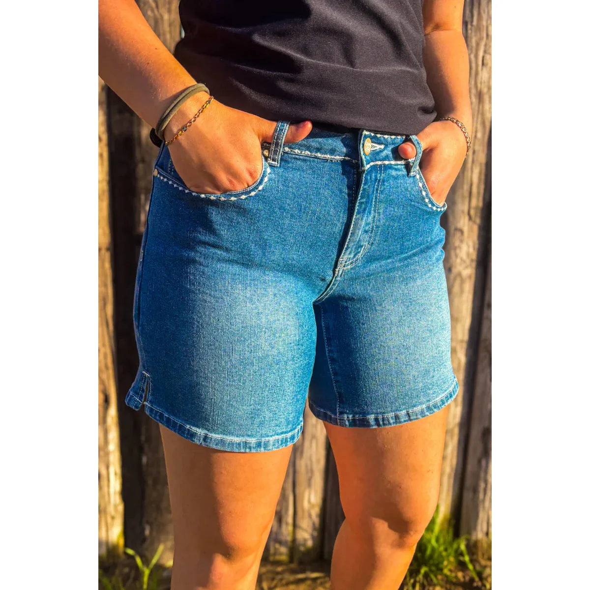 Sterling Kreek Women's Stitched Denim Long Shorts- Blue
