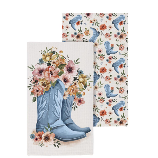 Evergreen Petal & Plow Double Sided Cowboy Boots Waffle Weave Kitchen Towel