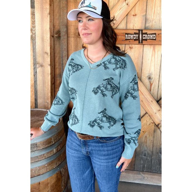 Rowdy Crowd Women's Long Sleeve Saddle Up Sweater-Dusty Blue