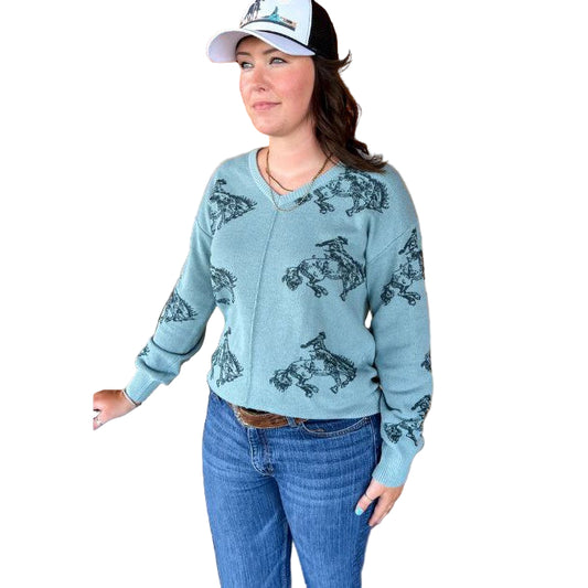 Rowdy Crowd Women's Long Sleeve Saddle Up Sweater-Dusty Blue