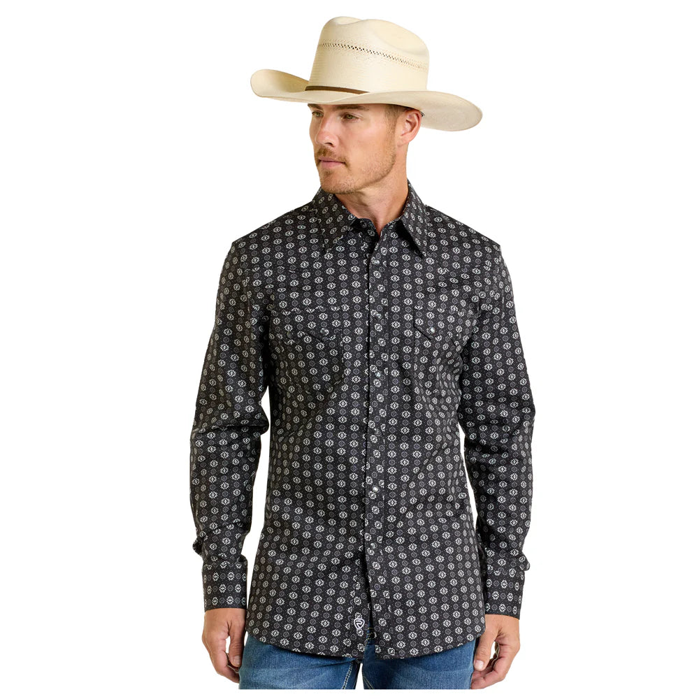 Rock & Roll Men's Long Sleeve  Mini Aztec Print Shirt- Black