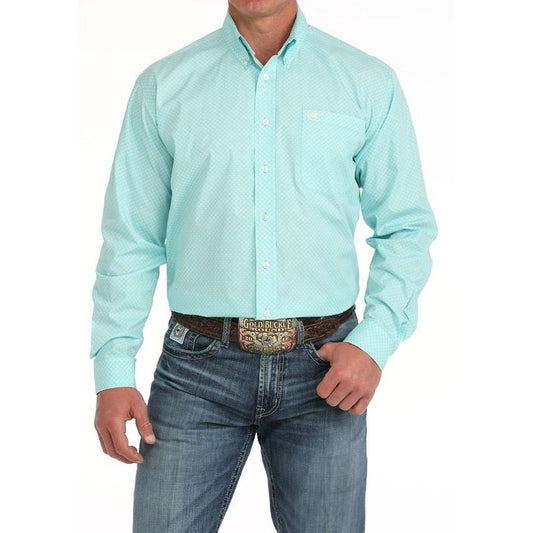 Cinch Men's Long Sleeve Geometric Print Button Down Western Shirt- Turquoise