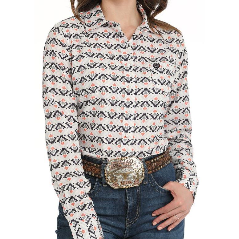 Cinch Women's Long Sleeve Southwestern Print Button Down Western Shirt- White